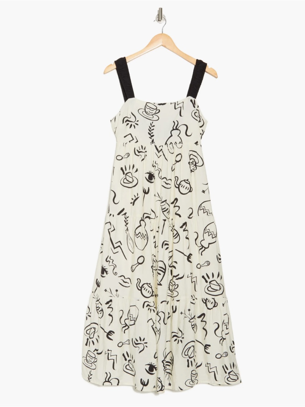 Maxi Dress By The River Doodle Print Tiered M Black White Bow Strap - Picture 2 of 16